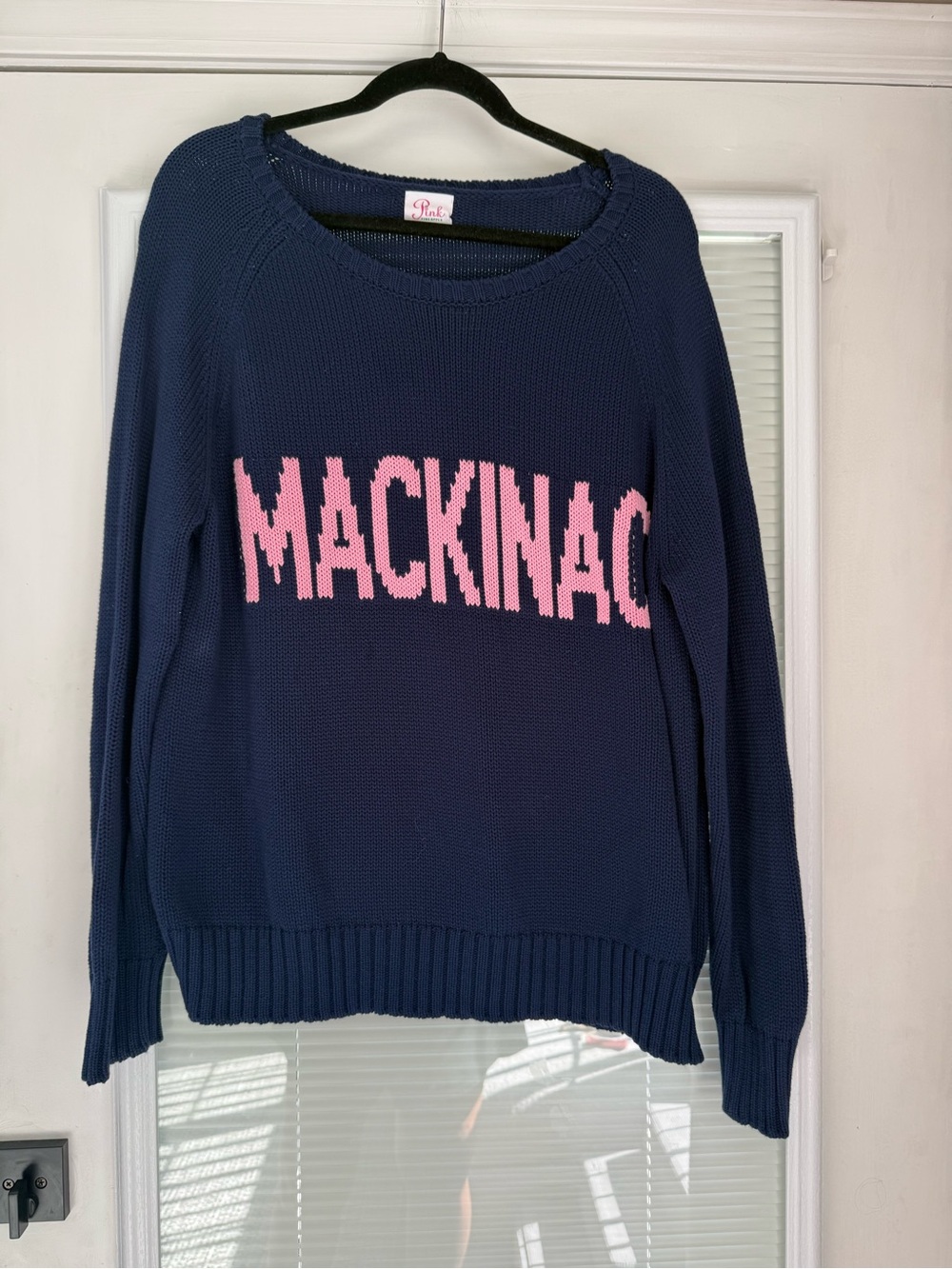 Navy Crewneck Sweater with Pink MACKINAC Logo